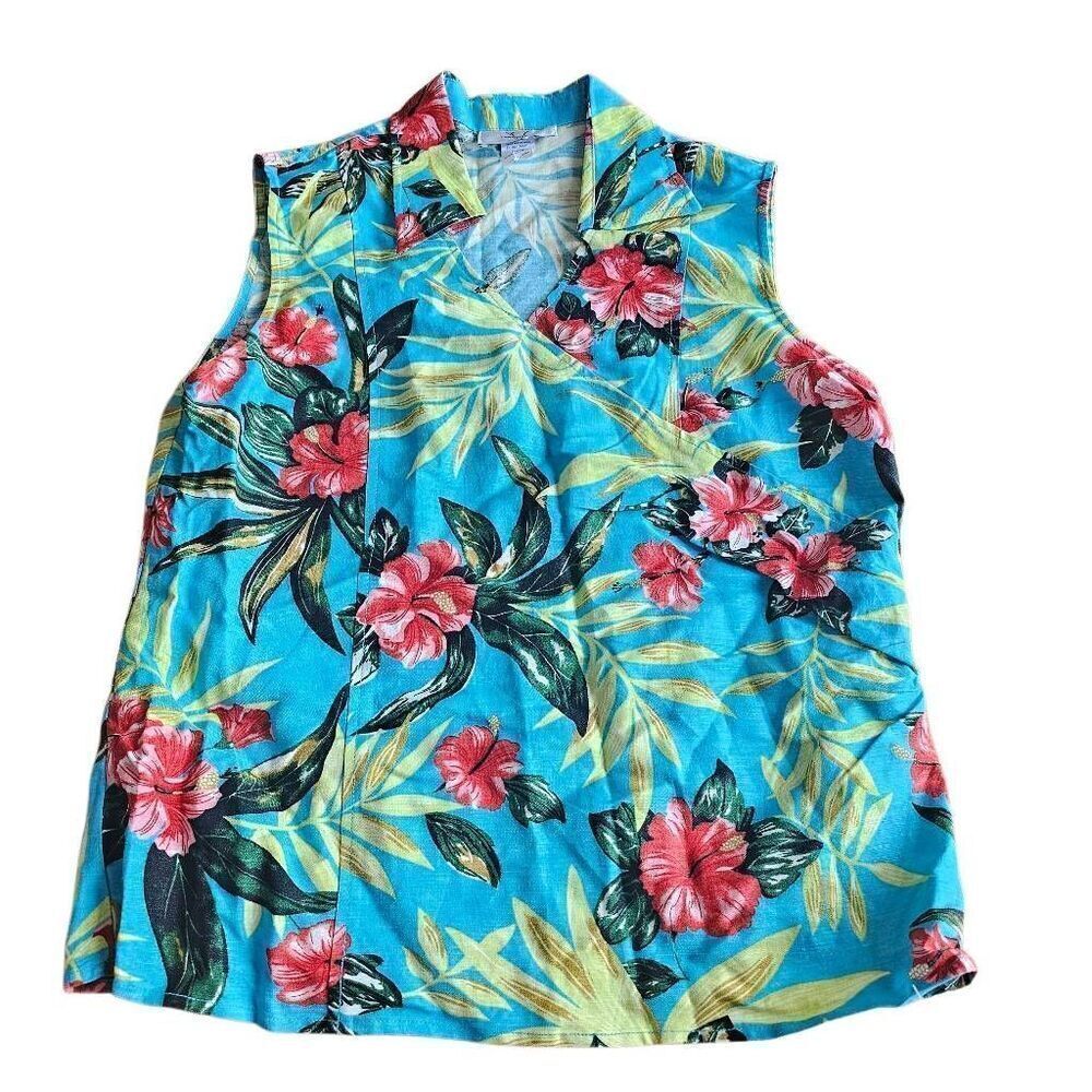 Vintage versailles womens Sz10 blue multicolor floral Hawaiian shirt linen blend - Picture 3 of 7